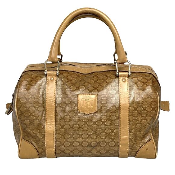 CELINE BOSTON HANDBAG Macadam Pattern PVC Brown Fair/Good Used Condition - Picture 1 of 16